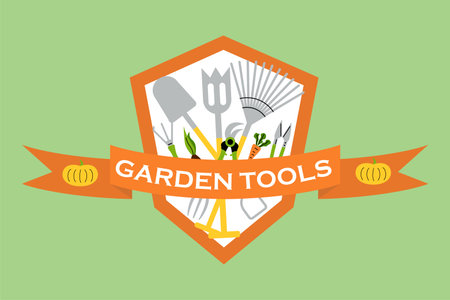 Garden tools. Farm equipment for plants cultivating, isolated rake shovel and pruner. Agricultural emblem or label. Gardening elements, shop logo. Card or print, vector cartoon flat illustrationのイラスト素材