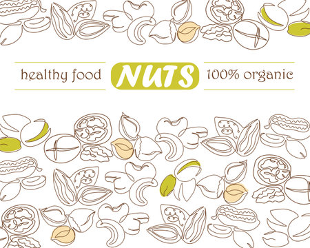 Continuous line nuts. One line trendy nut set, walnuts and pistachios, hand drawn hazelnut and peanut, outline cashew. Banner or poster background, packaging design. Vector isolated elementsのイラスト素材
