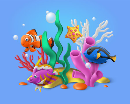 3d coral reef with fishes. Underwater ocean animals composition, aquarium with clownfish, summer sea marine tropical creatures. Clownfish and starfish. Isolated render vector exact cartoon toysのイラスト素材