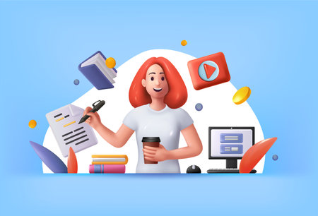 3D people work. Person in business routine. Lady character at home with coffee and laptop. Document pages. Render multitasking woman. Office or freelance job. Vector exact illustrationのイラスト素材