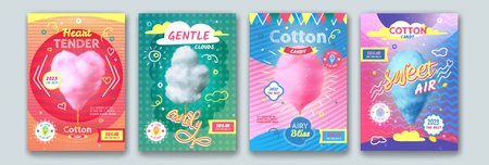 Cotton candy posters. Sweet sugar confectionery, nutrition snack flyer with text, fluffy floss promo banners. Packaging design. Festival or party food. Carnival dessert. Vector exact backgroundのイラスト素材