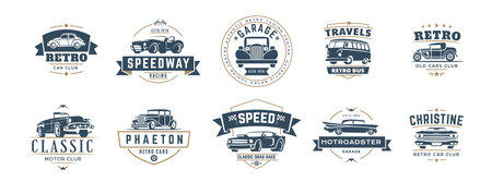 Car logo. Vintage auto emblem. Classic retro wheel. Old race with motor elements. American repair label. Automobile club badge. Transport garage. Bus travel symbol. Vector design icons setのイラスト素材