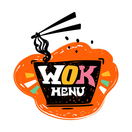 Wok menu label. Spicy ramen with noodles. Asian food hand drawn emblem. Restaurant or cafe logo, doodle style sticker. Lettering phrase for logotype. Cartoon isolated illustrationのイラスト素材