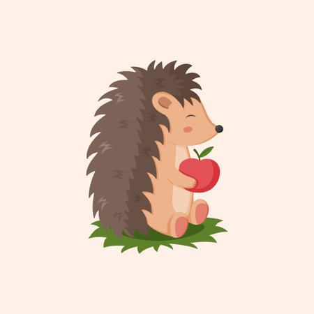 Hedgehog with apple. Cute forest animal, porcupine character, wildlife or zoo adorable creature with needles. Baby animal nursery decor or childish print. Cartoon isolated vector illustrationのイラスト素材