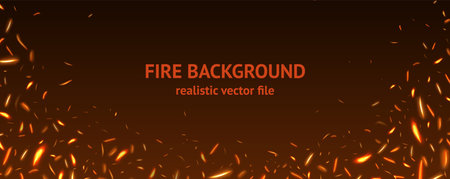 Fire background. Horizontal banner template. Flame frame. Blaze with smoke and sparks. Burning wildfire border, flammable backdrop, particles, sparkles and light vector realistic illustrationのイラスト素材