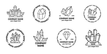Gems logo. Line diamonds. Corporate brand badge. Luxury precious stones. Outline crystals. Brilliant gemstone emblem. Jewelry icon design. Ruby and emerald logotype. Vector symbols setのイラスト素材