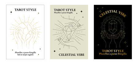 Tarot style banners. Boho line art. Shiny gemstone in arms. Hands holding precious gems. Brilliant crystals. Celestial stars. Magic and alchemy. Spiritual diamond. Vector cards design setのイラスト素材