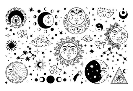Astrology symbols. Silhouette sun and moon. Black star constellations. Occult vintage clouds. Esoteric or tarot line patterns. Celestial elements set. Vector tidy tattoo illustrationのイラスト素材