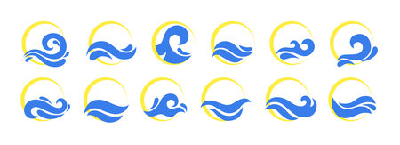 Wave logo. Sea water, river or ocean abstract waves, round sun surface with splash, spray ripple. Company logotype or emblem template. Marine business icons. Vector isolated tidy objects setのイラスト素材