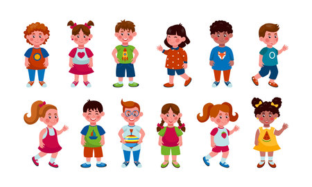 Cartoon children. Happy girls and boys, cute school or kindergarten students, multicultural people. Kids waving hands, holding toys. Positive characters laughing. Vector tidy isolated setのイラスト素材