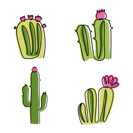Cactus poster. Saguaro plants. Cacti with flowers. Green cactaceae succulents. Cute prickly houseplants. Doodle line drawing. Wilderness botany. Vector botanical isolated elements setのイラスト素材