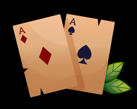 Magic fortune. Poker game. Ace cards. Casino Vegas gambling. Red and black suits. Lucky chance. Tattoo element. Diamond and spade. Blackjack playing winner. Vector gamble retro iconのイラスト素材