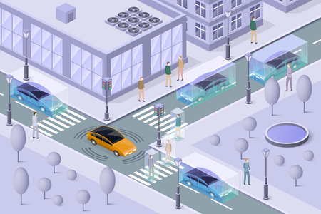 Car traffic. Isometric smart road drive. Future technology. 3D iot city communications. Urban landscape. Pedestrians walk sidewalk. People crossing highway. Vector futuristic bannerのイラスト素材