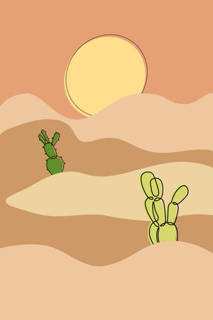 Cactus poster. Desert landscape. Sand hills. Wild nature panorama. Saguaro plants. Cacti succulents. Mexican mountain. Wilderness sky horizon. Doodle drawing. Vector scenery backgroundのイラスト素材
