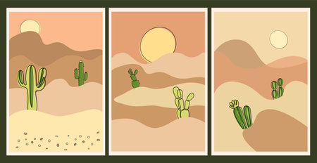 Cactus posters. Desert background. Sand and sun. Mexican sunset landscape. Simple wall art decor. Cards and covers design, doodle drawing. Hot summer arizona mountains. Vector minimal illustrationのイラスト素材