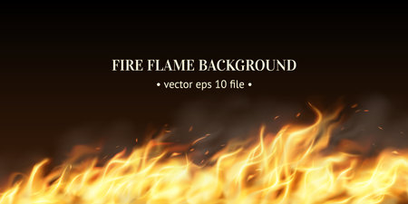 Fire flame background. Web banner template. Bright flame backdrop. Blaze with smoke and sparks isolated on black. Horizontal poster. Light effect. Vector realistic bonfire illustrationのイラスト素材