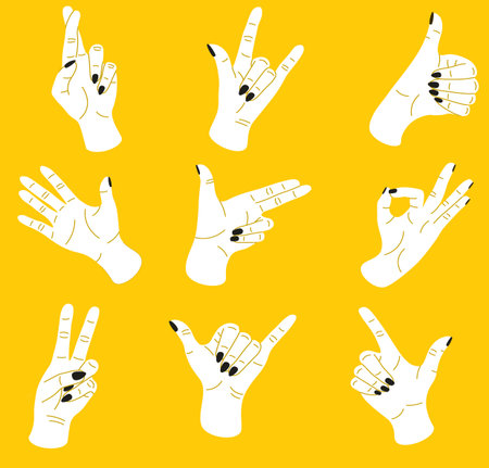 Doodle hands. Various divers male or female arms showing symbols. Gesturing clipart. Seamless pattern. Ok or victory finger pose. Contemporary print. Nail manicure. Vector gestures setのイラスト素材