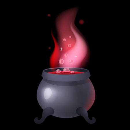 Cauldron. Magic potion in pot, love elixir, pink liquid, halloween witch alchemy beverage. Wizard tool for cooking. Magical laboratory equipment. Cartoon 3d isolated witchcraft illustrationのイラスト素材