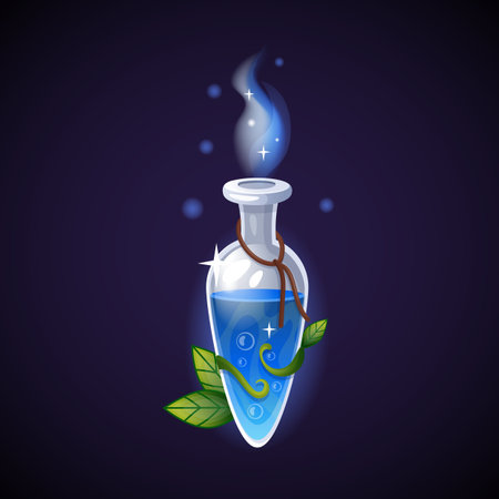 Blue potion in flack. elixir bottle with leaves. Glass vial with magic beverage. Fantasy substance, fantasy game interface element. Halloween decor, cartoon 3d isolated witchcraft illustrationのイラスト素材