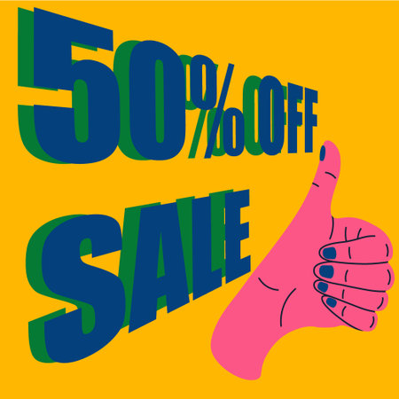 Sale poster. Discount label. Hand gesture. Shopping promotion. Arm showing approval symbol. Thumb and fist position. Special offer percent. Perspective lettering. Vector banner designのイラスト素材