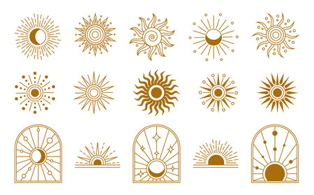 Sun logo. Boho logotype gold elements, yoga icon collection, celestial moon and sunset set, mystic zodiac eye and rainbow. Summer bohemian minimal vector tidy line illustrationのイラスト素材