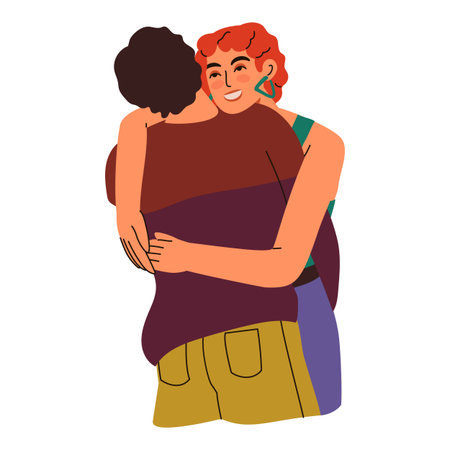 Couple hugging. People embrace. Man and woman cuddling. Romantic dating. Boyfriend and girlfriend relationship. Friends greeting. Guy and girl standing together. Vector lovers back viewのイラスト素材