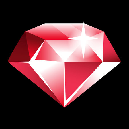 Magic crystal. Shiny ruby. Jewel faceted stone. Magical treasure gem. Red gemstone with glossy sparkle. Brilliant diamond. Expensive bright mineral. Vector game asset isolated elementのイラスト素材