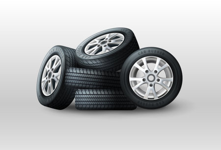 Car wheels. Automobile service. Rubber tires. Vehicle mechanic tools. Protectors change. Race and repair inspection. Spare for auto. Highway workshop garage. Vector exact realistic setのイラスト素材