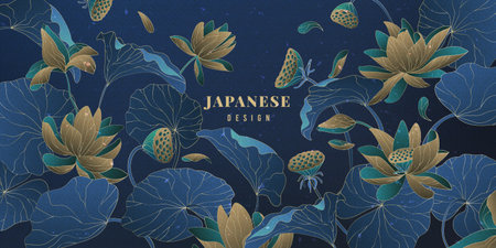 Lotus background. Gold blossom pattern, Japan card design, spring design for yoga, luxury wall art or wallpaper. Botanical graphic design. Golden flowers. Vector abstract exact illustrationのイラスト素材