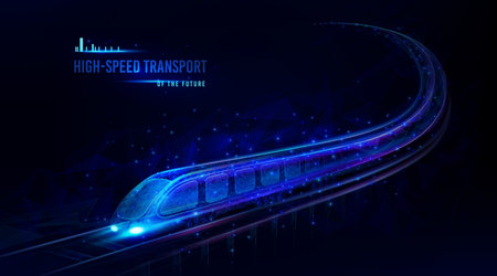 Speed train motion. Digital future railway. Futuristic fast city transport. 3D metro wireframe locomotive with carriages. Low poly. Rail transportation concept. Vector exact backgroundのイラスト素材