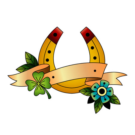 Tattoo golden horseshoe. Ribbon and shamrock. Lucky symbol. Plant leaf. Old school body ink print. American style. Prosperity sticker. Traditional tattooing element. Vector color drawingのイラスト素材