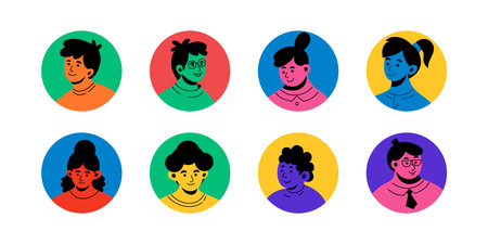 People avatars. Bright colorful doodle characters in circles, person icons with diverse face, abstract modern young art. Trendy heads for forum or blog users profile. Vector design, tidy setのイラスト素材