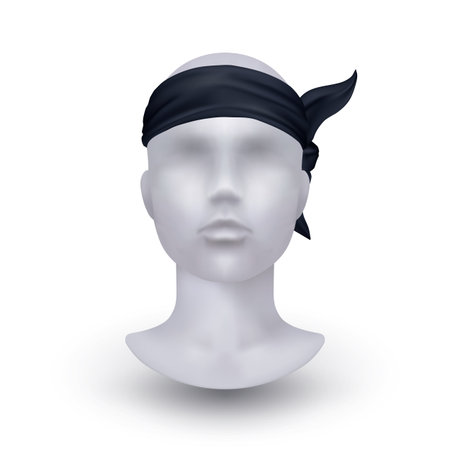 Bandana on mannequin. Human head. Black cotton fabric. Scarf tied on forehead. Trendy headwear. Biker or pirate accessory. Unisex garment. Stylish handkerchief. Vector clothing objectのイラスト素材