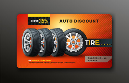 Car workshop coupon. Automobile repair service discount certificate. Rubber tire. Vehicle spare wheel. Auto maintenance garage voucher. Shop advertising banner. Vector design templateのイラスト素材