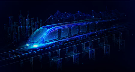 Digital train motion. Speed railway. Locomotive with carriages on bridge. Technology city transport. High line wireframe. Fast track. Low poly vehicle. Vector exact abstract backgroundのイラスト素材