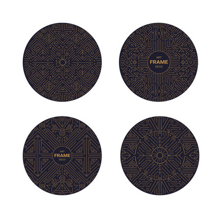 Art deco circle. Round pattern. Gold line frame for logo. Abstract geometric ornament. Vintage decor label. Luxury texture. Gatsby black stickers set. Vector graphic tidy retro designのイラスト素材