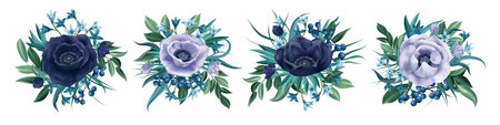 Vintage flowers. Isolated anemone, floral wedding print, summer or spring classic bouquet. plant leaf compositions, elements for decor, beautiful blue blossoms. Vector illustration exact setのイラスト素材