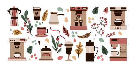 Coffee appliance. Cafe tools. Caffeine harvest. Warm americano mug. Barista packaging. Cappuccino maker equipment. Cezve and latte glass. Leaves and berries. Vector tidy elements setのイラスト素材