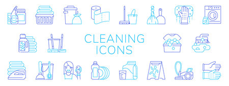 Cleaning service icons. House cleanup. Wet wipes for dust cleaner. Household symbols. Mop and broom. Laundry washer machine. Foam sponge and gloves. Vector flat housekeeping pictograms setのイラスト素材