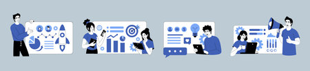 Office concept. Business project presentation. Infographics at whiteboard. Success characters in...