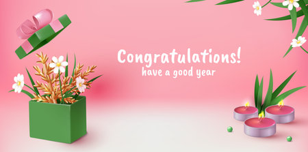 Flower box. Congratulations banner design. Aroma candles and blooming flowers. Birthday or anniversary celebration. Open present with bouquet. Holiday gift. Vector festive backgroundのイラスト素材