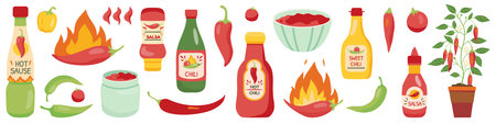 Hot sauces. Spicy seasoning. Burning red pepper. Salsa bottles or bowls. Cooking ingredient. Jalapeno and cayenne. Mexican cuisine. Isolated tomato and paprika. Vector chili spices setのイラスト素材