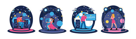 Musicians at stage. Sing show. Talent dance performance. Singer man with microphone in karaoke. Song festival. Play guitar. Woman music performer. Dancers couple. Vector cartoon artist characters setのイラスト素材