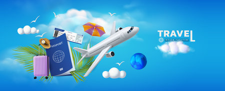 Plane traveling. 3d passport with vacation ticket. World tourism banner. Airplane trip and sky flight. Baggage suitcase in air. Palm leaves and summer umbrella. Airport luggage. Vector exact conceptのイラスト素材