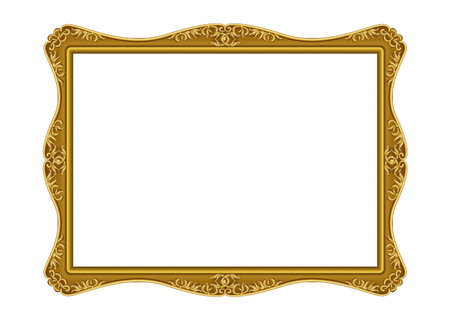 Picture frame. Vintage style. Golden ornate square border with floral carving. Museum exhibition. Antique wall decoration. Luxury interior object. Baroque isolated element. Vector empty gold frameworkのイラスト素材