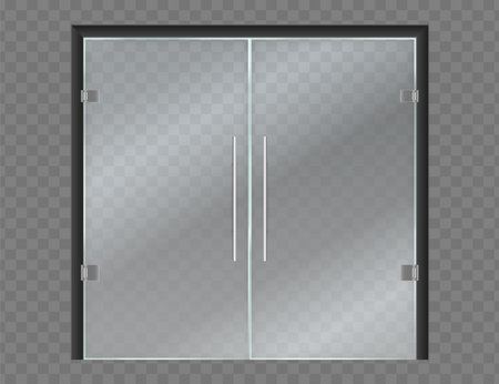 Closed glass doors. 3D office or boutique doorways. Store double transparent doorway. Isolated showcase windows. Entrance of shop or storefront in mall. Front view. Vector realistic interior objectのイラスト素材
