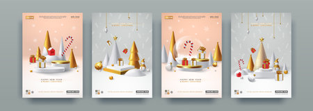 New year background. 3d happy holidays, white and gold winter tree and gifts, merry Christmas podium for product presentation, Noel decoration, poster collection. Vector design, exact vertical bannersのイラスト素材