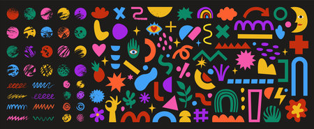 Doodle shapes. Hand drawn paint graphic. Colorful grunge sketch. Cute scribble textures. Modern blobs or flowers. Silhouette spots. Pencil strokes. Simple elements set. Vector abstract tidy backgroundのイラスト素材