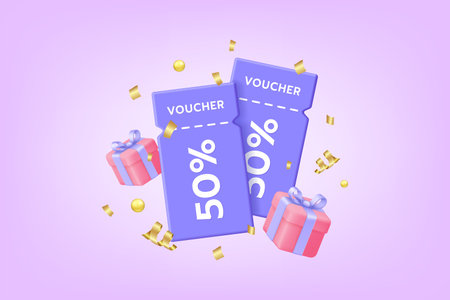 3D gift coupons. Discount voucher. Present or ticket icon. Promo bonus or reward. Render purchase certificates. Prize box and confetti. Win in sale. Store promotion. Special offer. Vector illustrationのイラスト素材