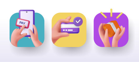Online phone payment. 3D hand icons. Buy in mobile application. Credit banking card and purchase bag. Shipping sale and order paying in app. Box in render arms. Vector financial transfers exact setのイラスト素材